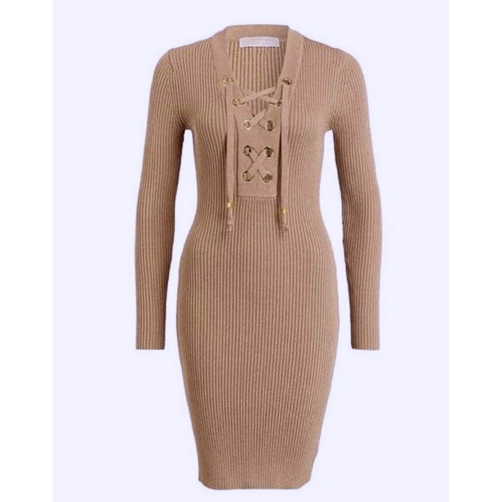 Michael Kors Ribbed Sweater Lace-Up Camel‎ Size M MSRP $235